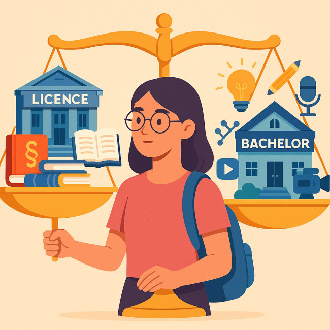 Balance illustrant le choix entre licence et bachelor pour agent artistique