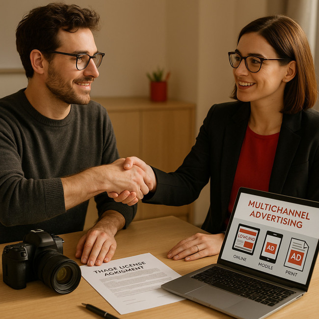 illustration d'un créatif et d'une marketeuse signant une licence d'image publicitaire