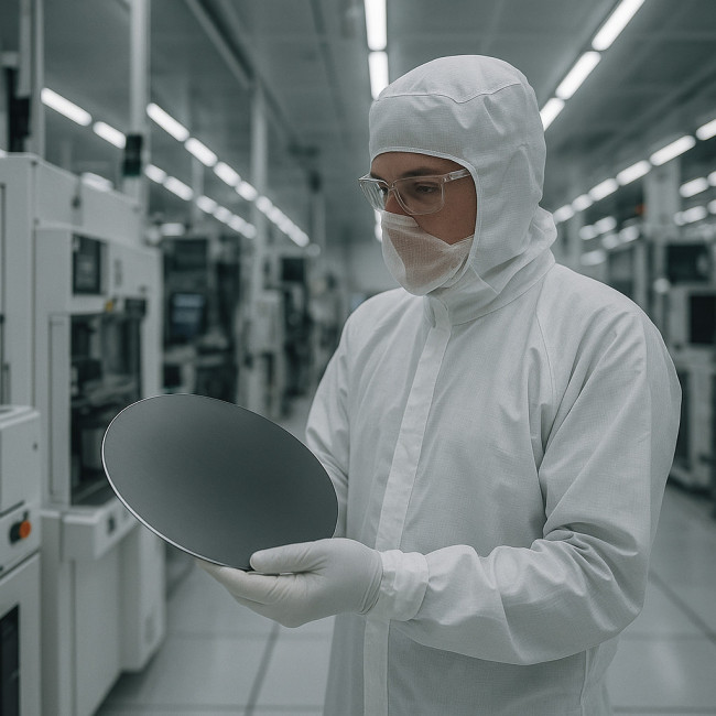 Opérateur tenant un wafer de 300 mm sous lumière LED