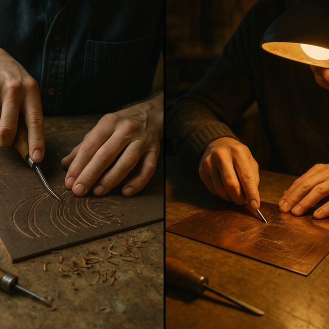 Visuel comparatif linogravure vs gravure sur cuivre