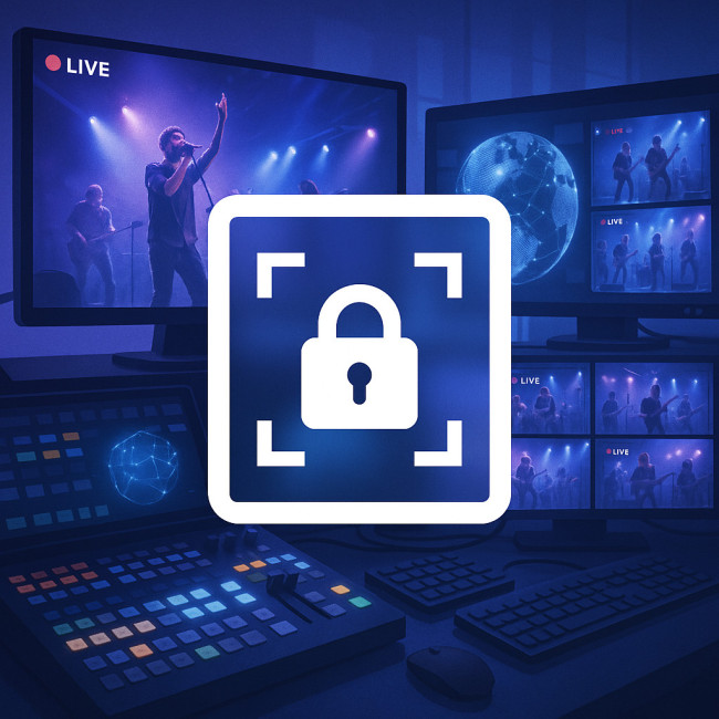 Régie live avec écrans illustrant la protection des images en direct