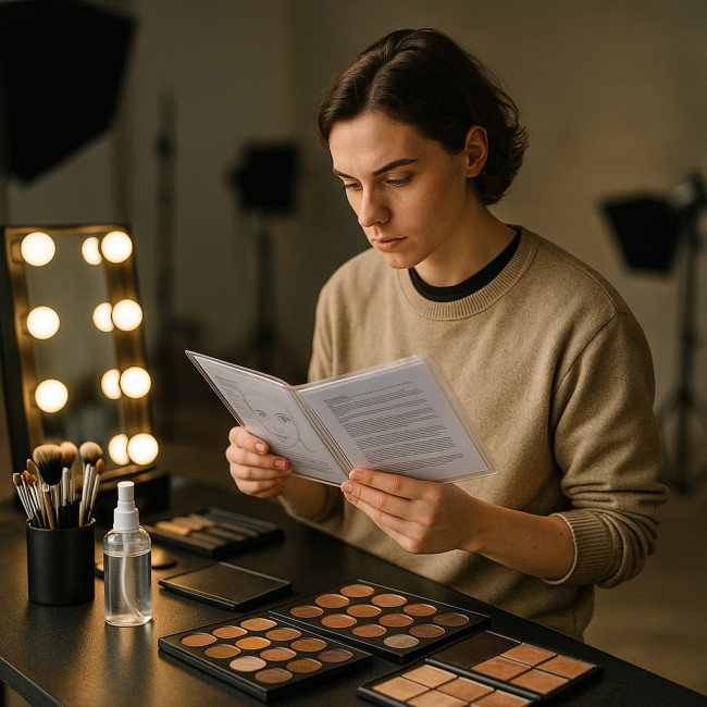 Maquilleur consultant un livret technique