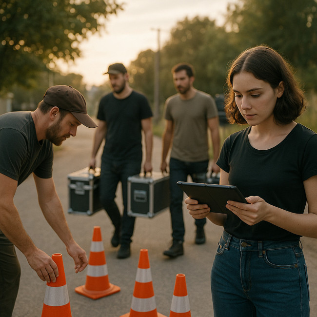 équipe de tournage qui sécurise le plateau