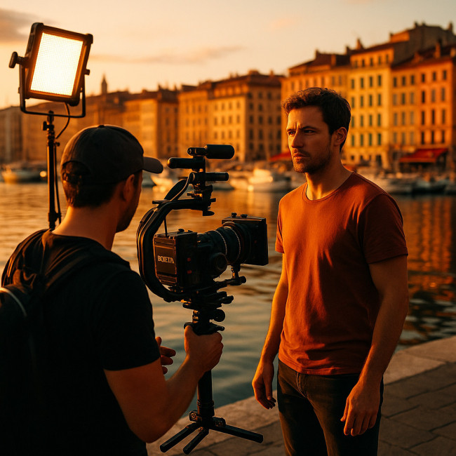 Équipe filmant au Vieux-Port de Marseille sous la golden hour