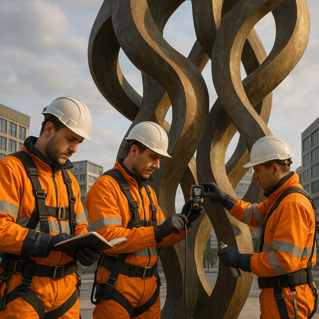 Techniciens inspectant une sculpture publique