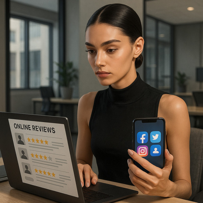 mannequin vérifiant la réputation en ligne d'une agence