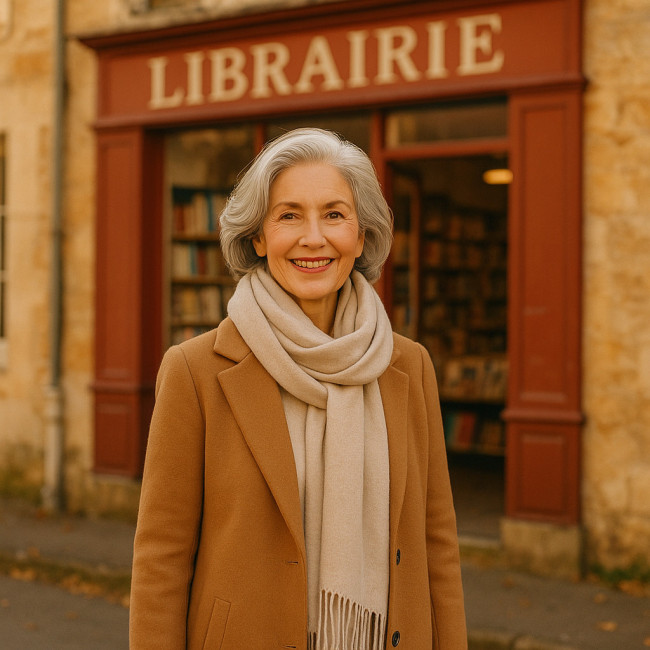 Mannequin senior posant devant une boutique locale