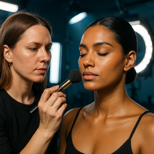 Maquilleuse retouchant un mannequin sous éclairage LED