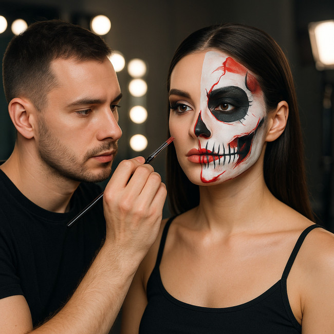 Maquilleur appliquant un beauty look et un effet SFX sur un même modèle