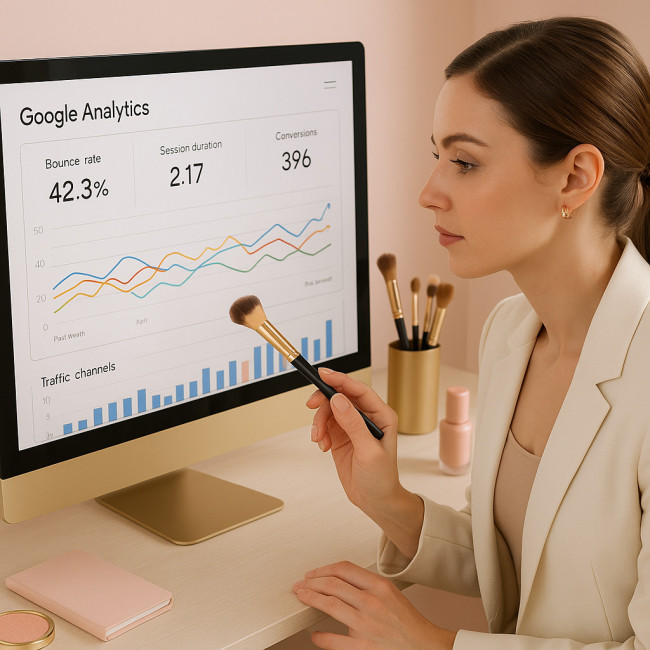 Illustration d'une maquilleuse analysant ses statistiques en ligne