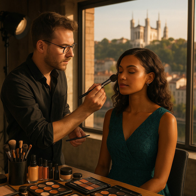 Maquilleur professionnel en action lors d'un shooting à Lyon