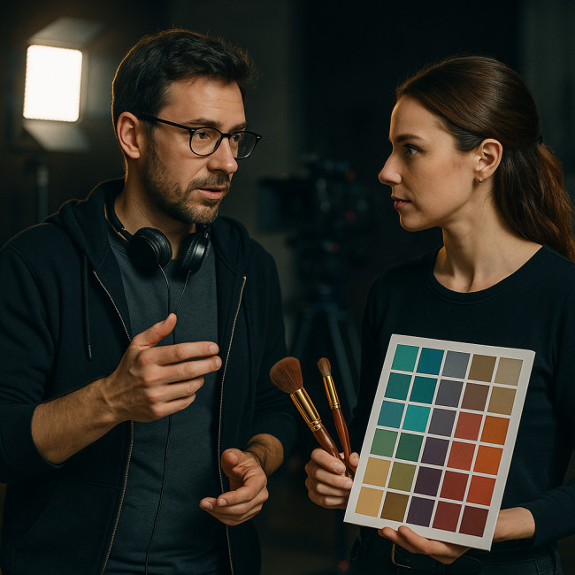 réalisateur et maquilleuse discutent sur un plateau de fiction
