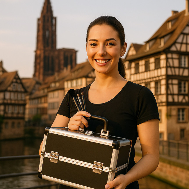 Maquilleuse posant devant la cathédrale de Strasbourg pour un shooting