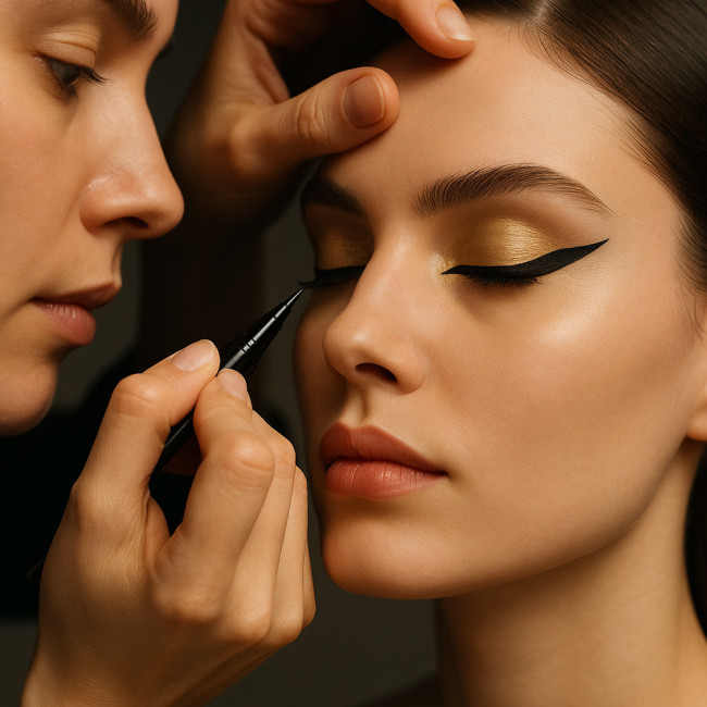 maquilleuse applique un eyeliner graphique en studio