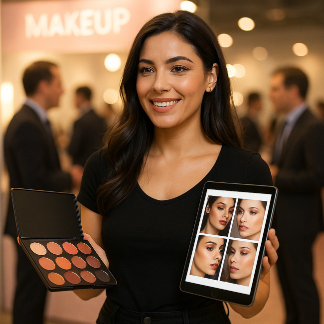 Maquilleuse présentant son pitch à un recruteur durant un salon