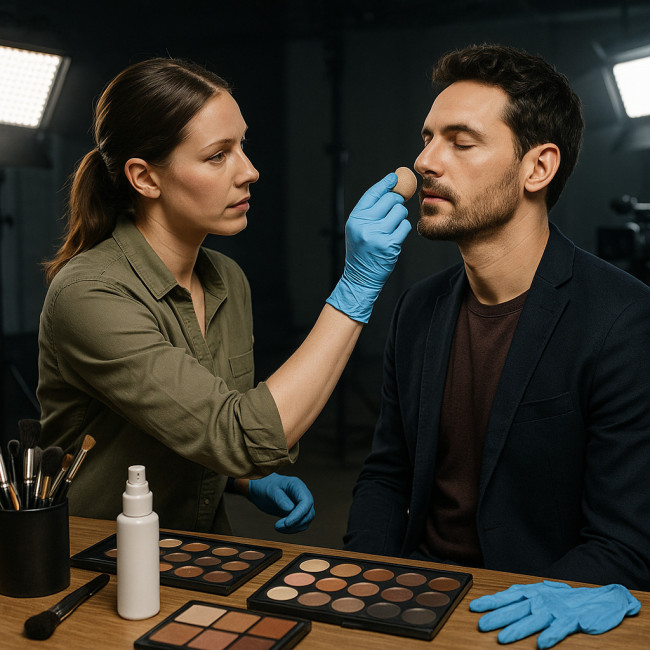 maquilleuse réalisant des retouches sur un plateau vidéo