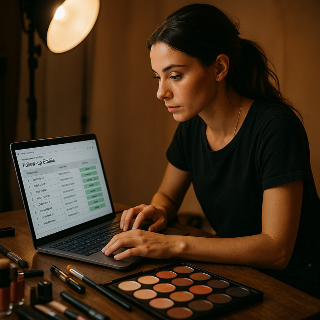 Maquilleuse freelance gérant ses relances email sur un set de shooting