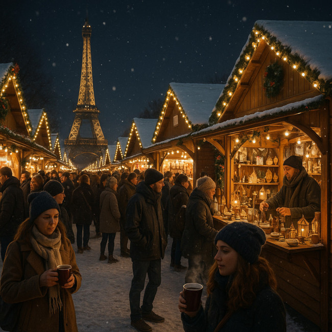 Chalets illuminés du marché de Noël à Paris