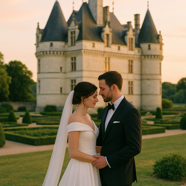 Couple de mariés devant un château de Touraine au coucher du soleil