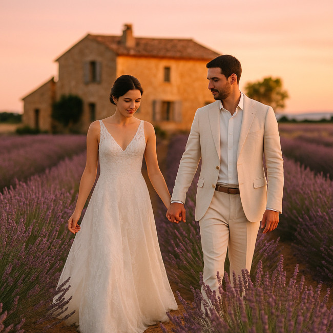 couple de mariés dans un champ de lavande au coucher du soleil