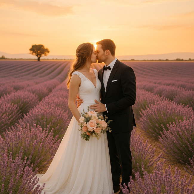 Couple de mariés devant un champ de lavande au coucher du soleil en Provence
