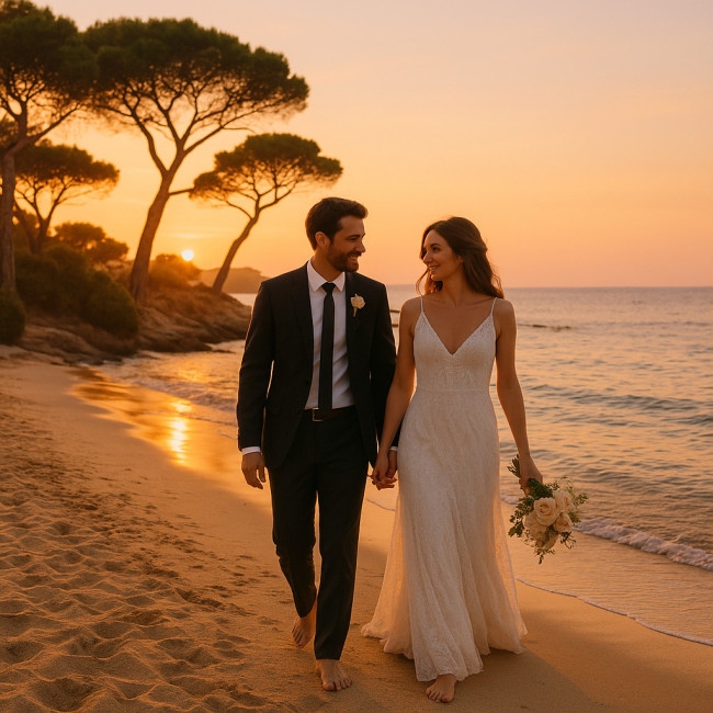 Couple de mariés sur une plage varoise au coucher du soleil