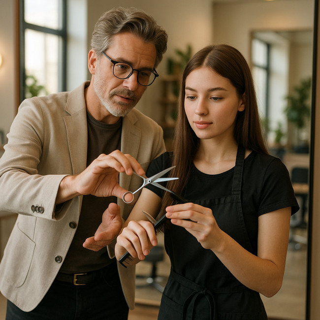 Coach coiffure guidant une professionnelle dans un salon