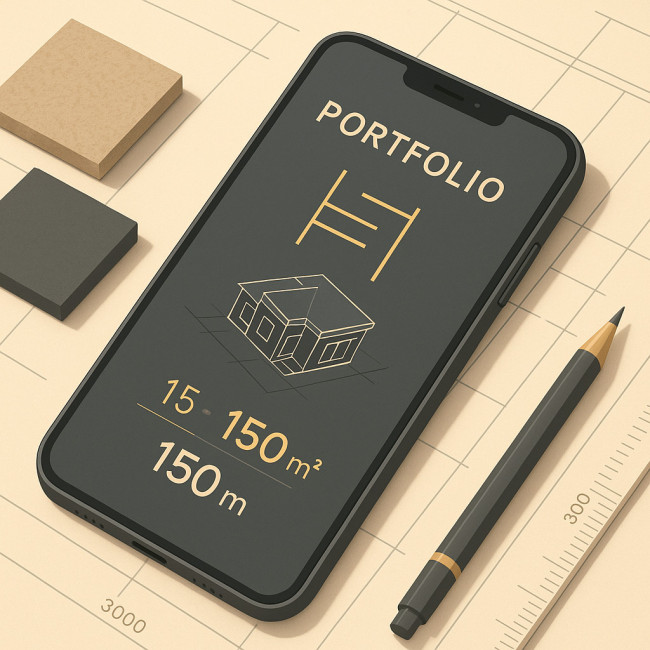 Smartphone affichant un portfolio d'architecte animé