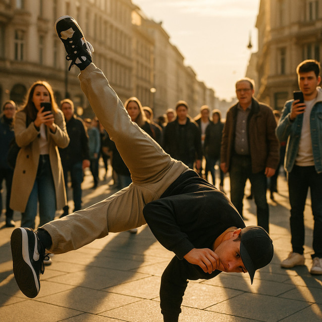 Danseur exécutant un freeze sur une place