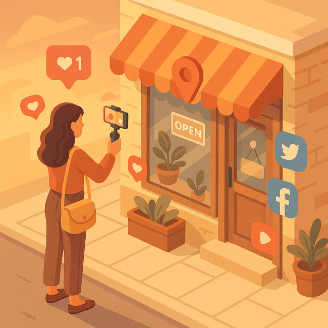 Illustration d'une micro-influenceuse présentant un commerce local
