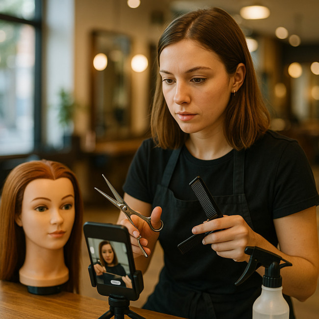 Coiffeuse pratiquant un micro-learning dans son salon