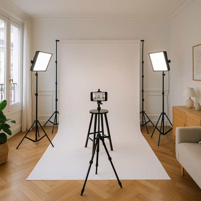 vue d'ensemble d'un mini-studio installé dans un salon