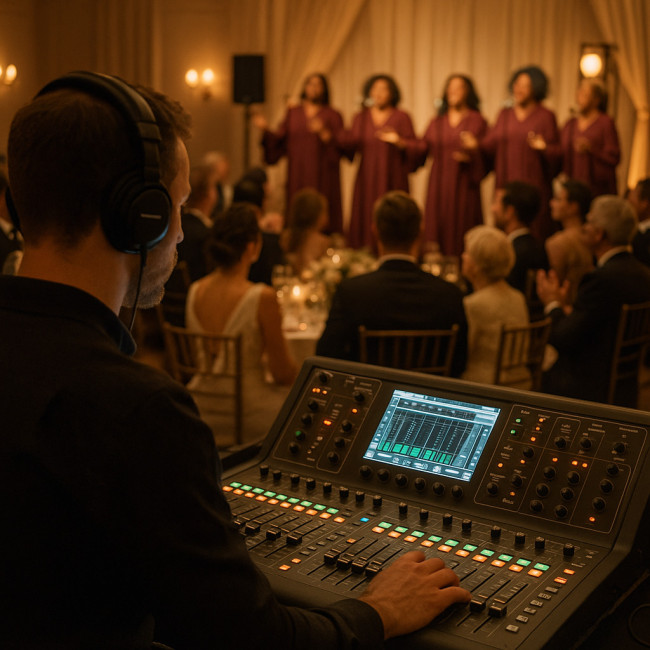 Technicien mixant un chœur gospel en réception