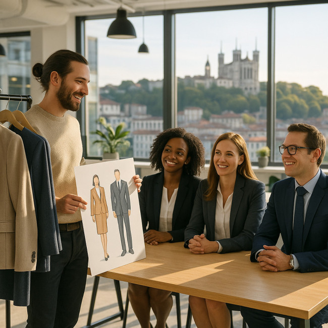 Styliste corporate à Lyon présentant des uniformes à une équipe de cadres