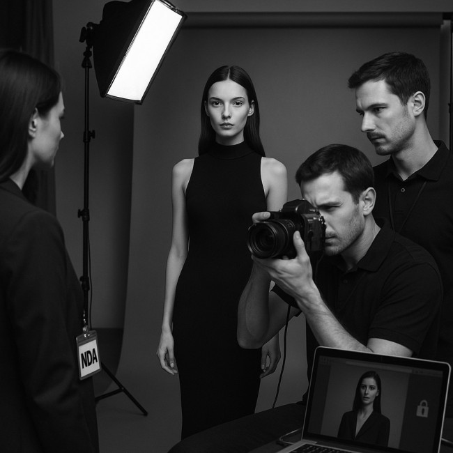 Studio de mode confidentiel avec mannequin et équipe restreinte