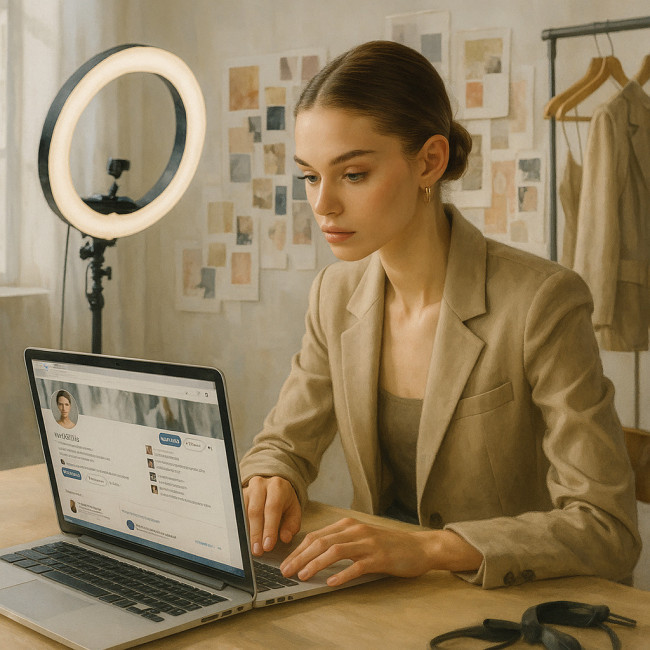 Illustration d'une modèle débutante travaillant son profil LinkedIn