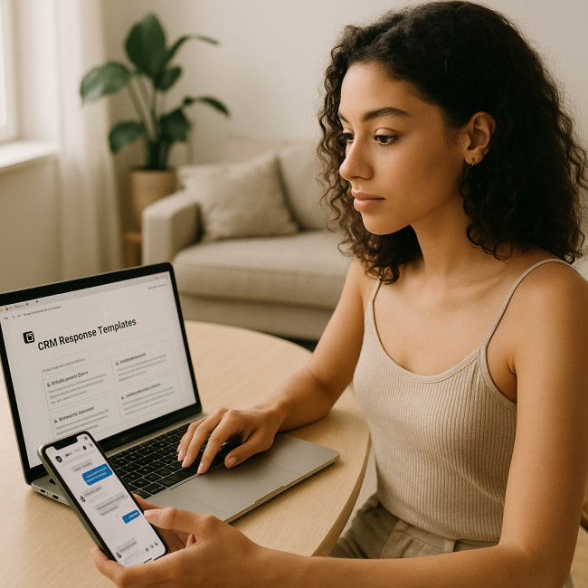 Modèle freelance créant ses modèles de réponse CRM sur laptop