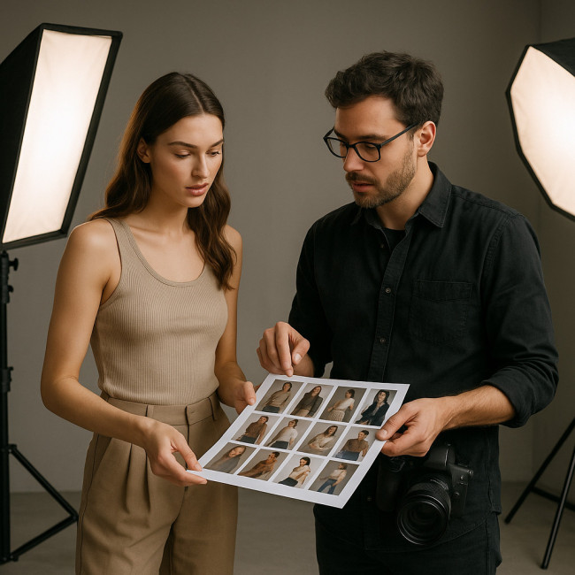 Mannequin freelance et photographe analysant un moodboard en studio