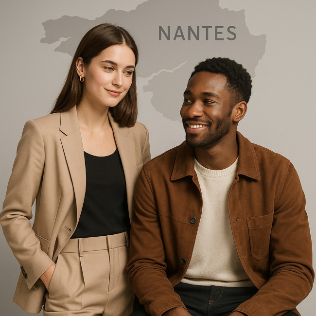 deux modèles posent en studio nantais avec carte Loire-Atlantique