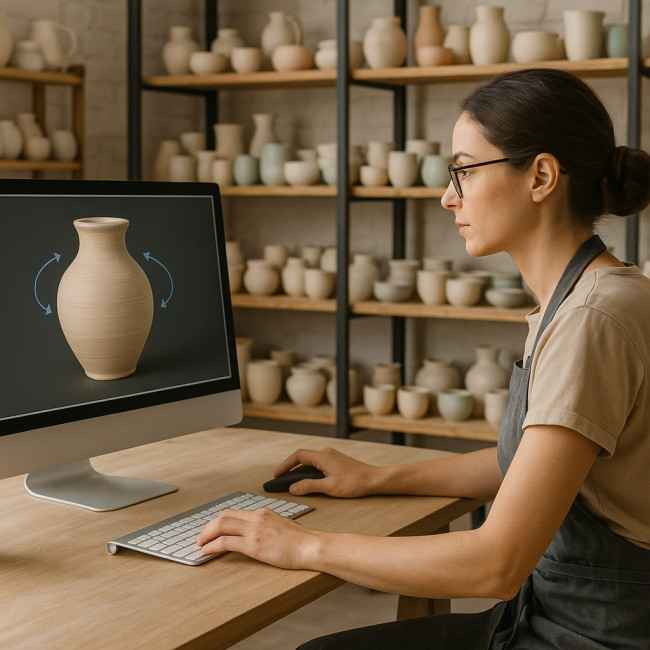 Céramiste modélisant un vase en 3D dans son atelier