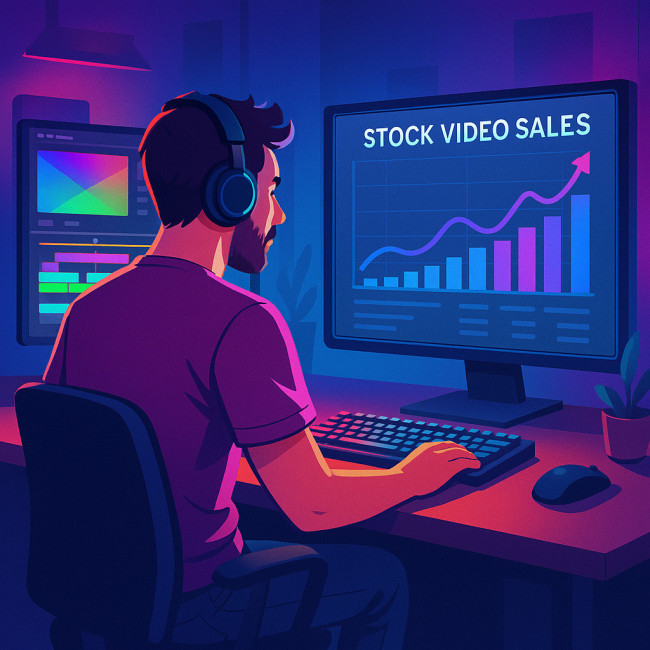 Vidéaste analysant ses ventes de stock vidéo dans un studio moderne
