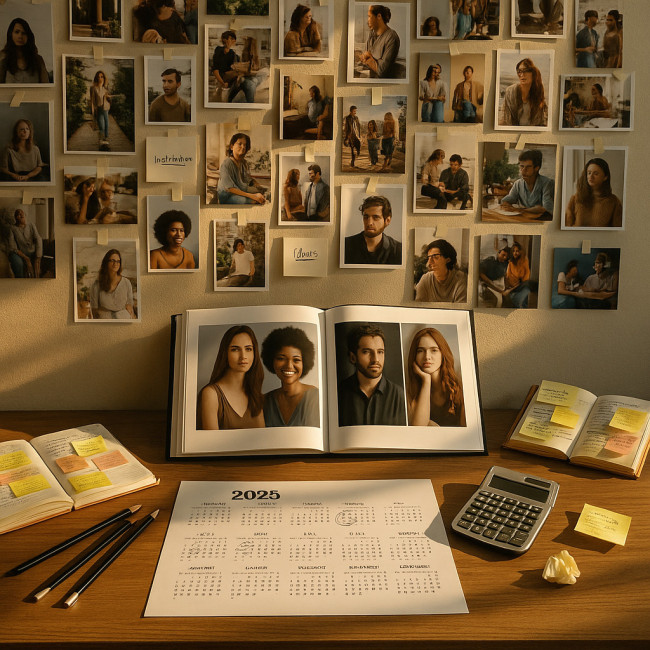 Bureau détaillé illustrant les étapes de montage d'un dossier photo