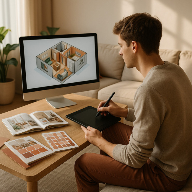 Apprenant suivant un MOOC de design d'intérieur sur son ordinateur
