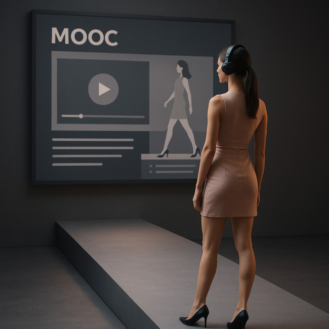 Mannequin suivant un MOOC sur un écran géant