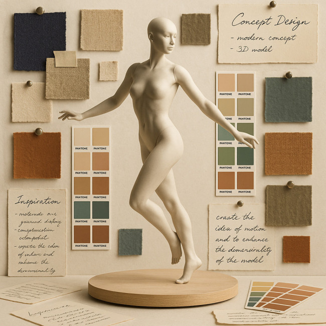 Moodboard premium avec mannequin virtuel en rotation