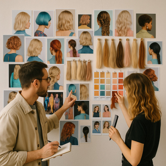 Directeur artistique et coiffeur devant un moodboard collaboratif
