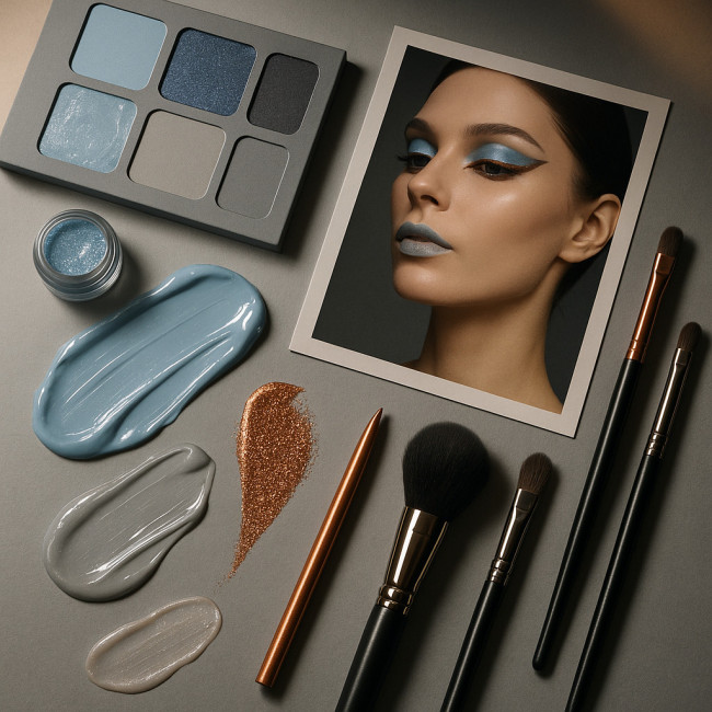 moodboard maquillage avec palette bleu gris cuivre