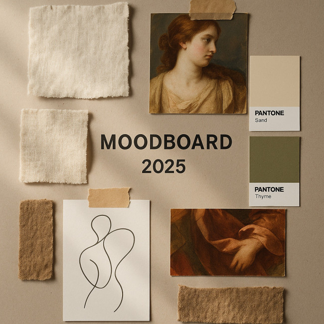Moodboard nu artistique 2025 avec textures et palette couleurs