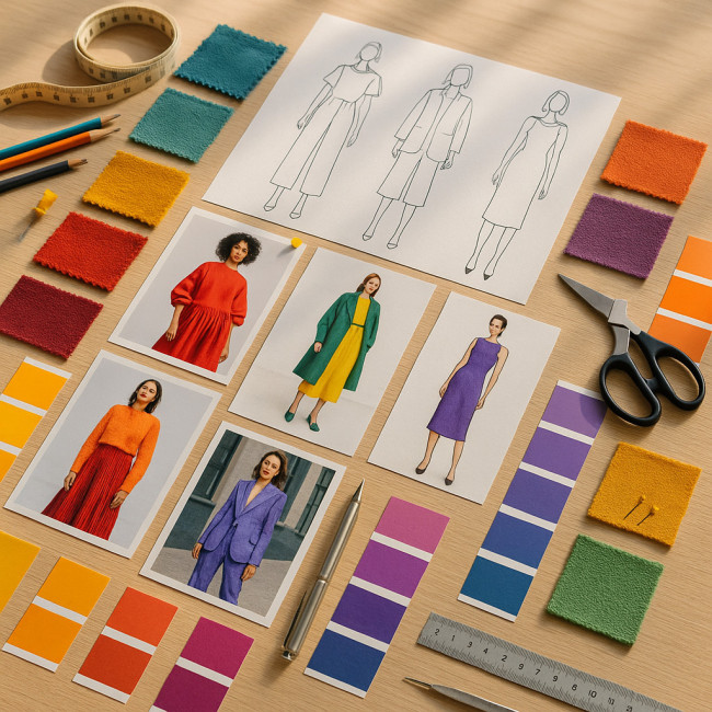 Moodboard collaboratif de stylisme sur une table de studio