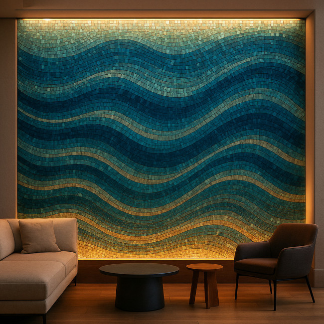 Mur en mosaïque éclairé par LED dans un hôtel